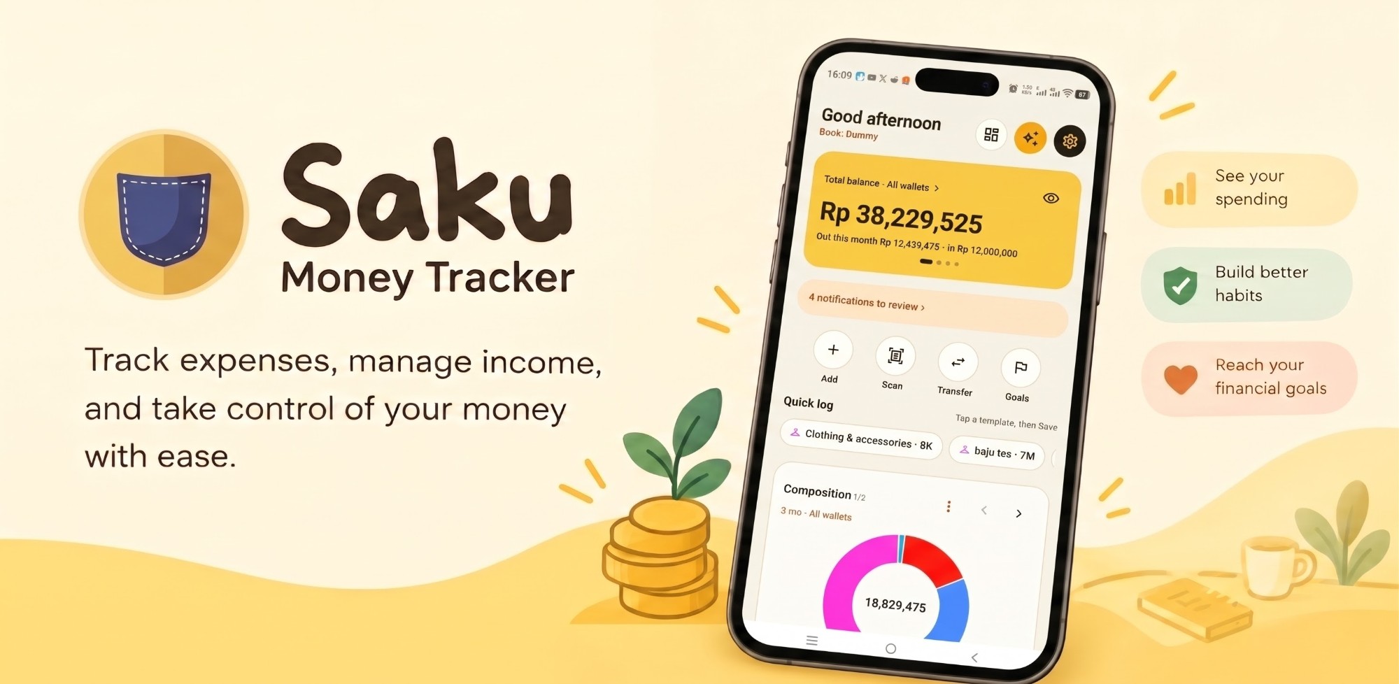 Saku Money Tracker: catat pengeluaran, kelola pemasukan, dan kendalikan uangmu dengan mudah. Unduh di Google Play.