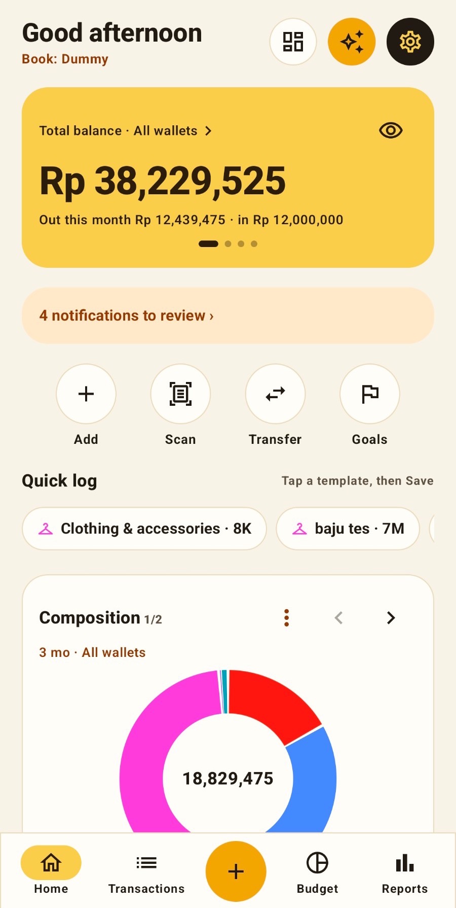 Layar Beranda Saku: total saldo semua dompet, notifikasi untuk ditinjau, tombol Tambah, Scan, Transfer dan Tujuan, catat cepat, dan grafik komposisi pengeluaran